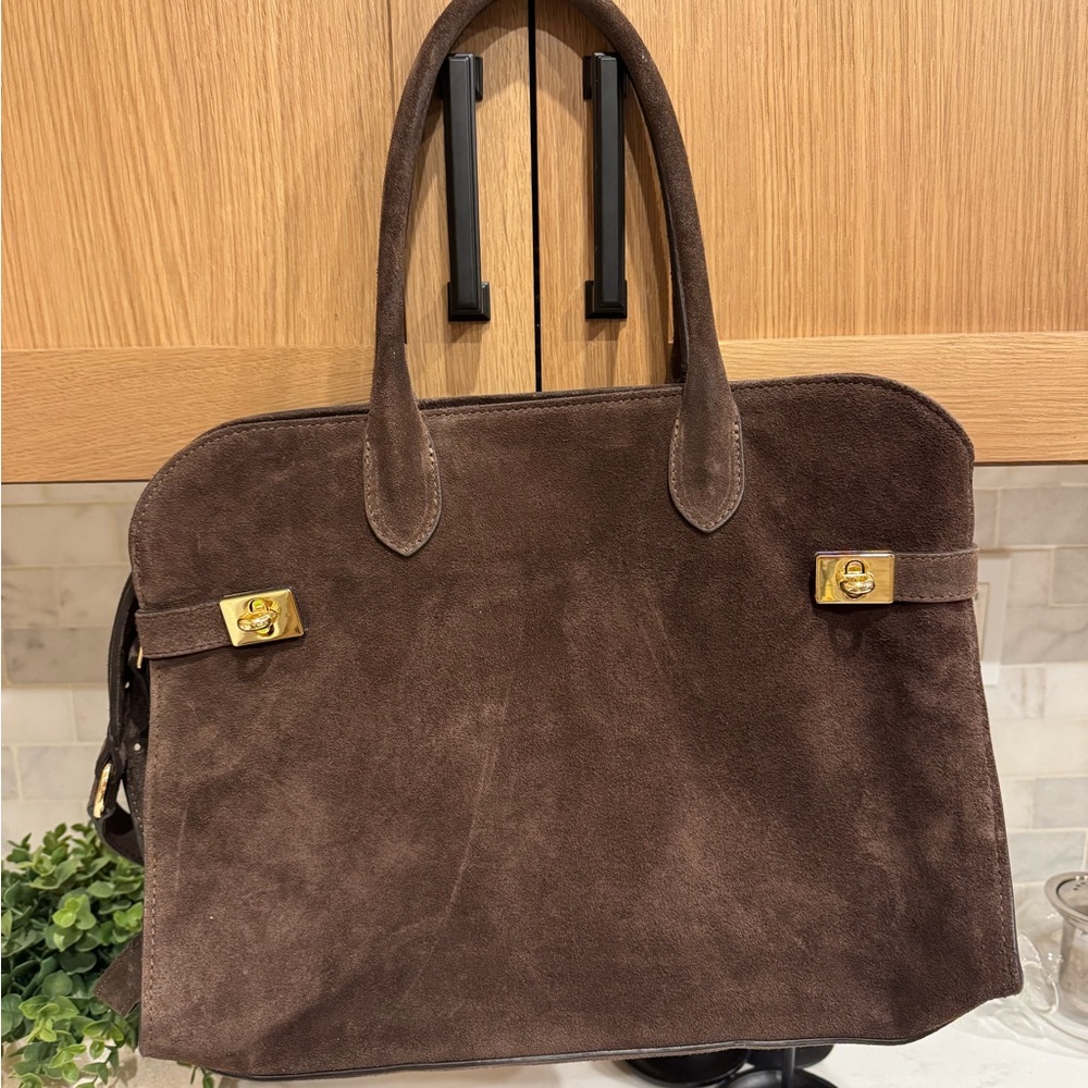 Chic Brown Suede Satchel with Gold Accents